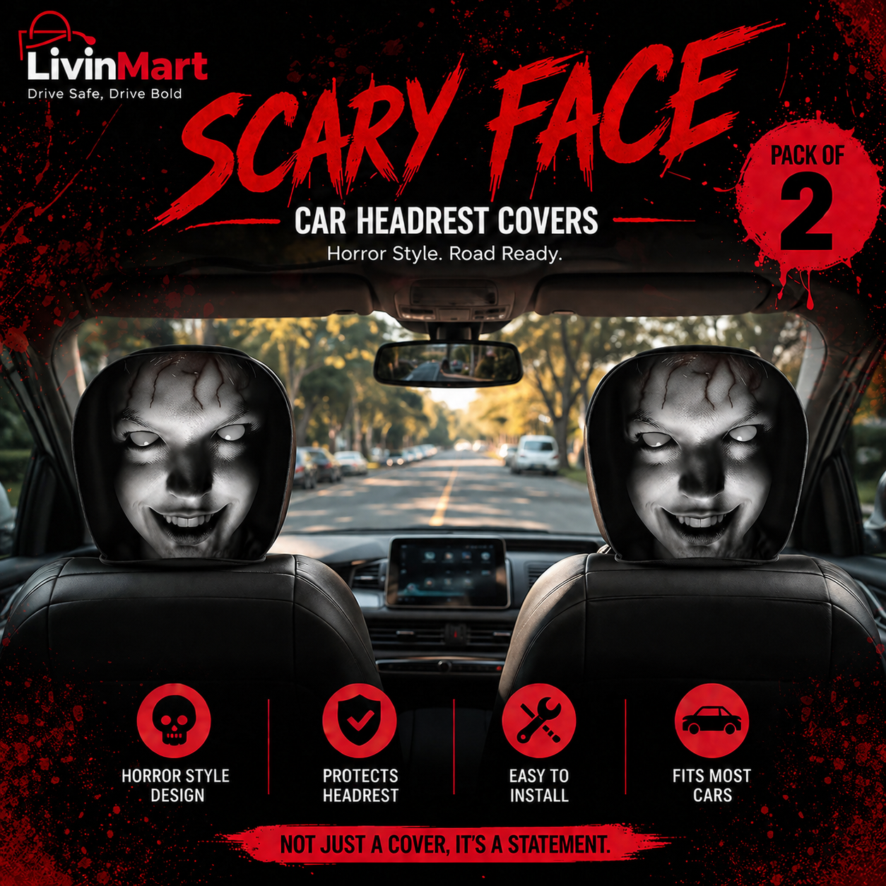 Ghost Face Snug-Fit Car Headrest Covers