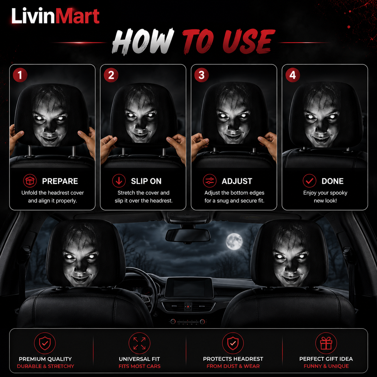 Ghost Face Snug-Fit Car Headrest Covers